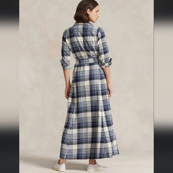 Polo Ralph Lauren Plaid Cotton Twill Shirtdress Maxi Dress 0 Blue White - Picture 4 of 12
